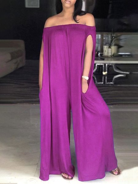 

Loose Cold Shoulder Casual Plain Jumpsuit, Purple, Jumpsuits