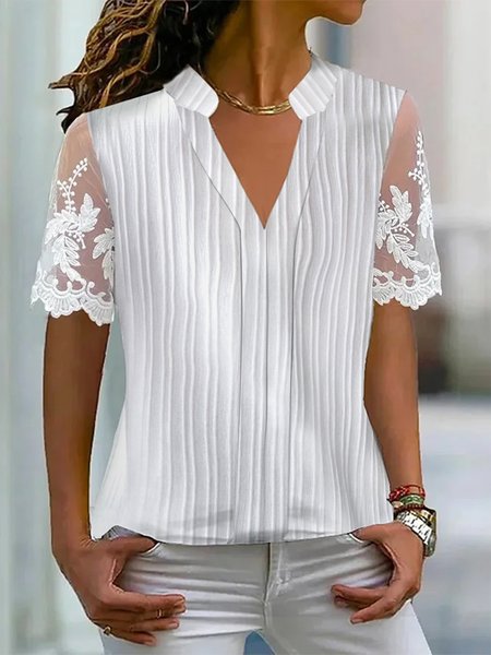 

Lace Plain Casual Loose Shirt, White, Shirts & Blouses