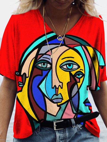 

V Neck Casual T-Shirt, Red, T-Shirts