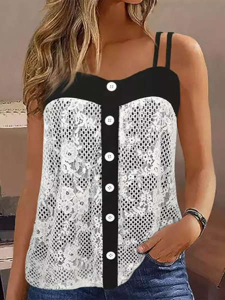 

Lace Casual Plain Tank Top, White, Tanks & Camis
