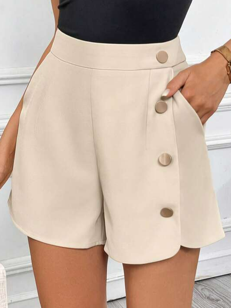 

Loose Casual Buckle Plain Shorts, Light khaki, Shorts