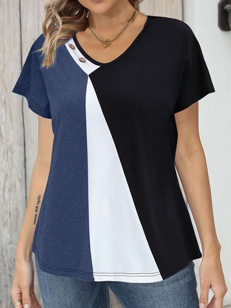 

V Neck Color Block Casual Regular Fit T-Shirt, Deep blue, T-Shirts