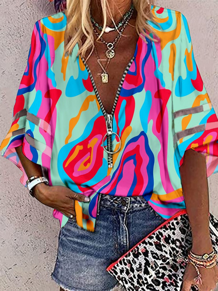 

Zipper Loose Abstract V Neck Casual Shirt, Blue, Shirts & Blouses