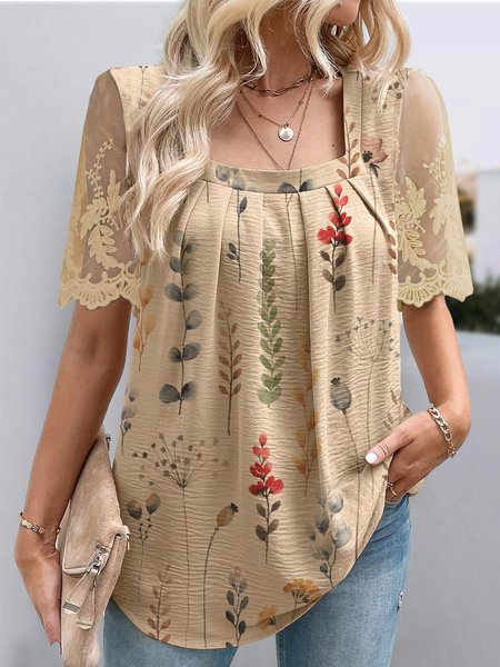 

Casual Lace Square Neck Floral Shirt, Apricot, Shirts & Blouses