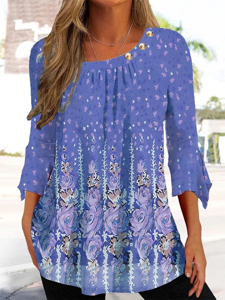 

Casual Loose Floral Buttoned Shirt, Blue purple, Shirts & Blouses