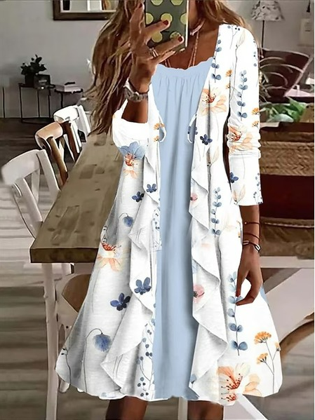 

Casual Loose Floral Dress With No Belt, White, Dresses