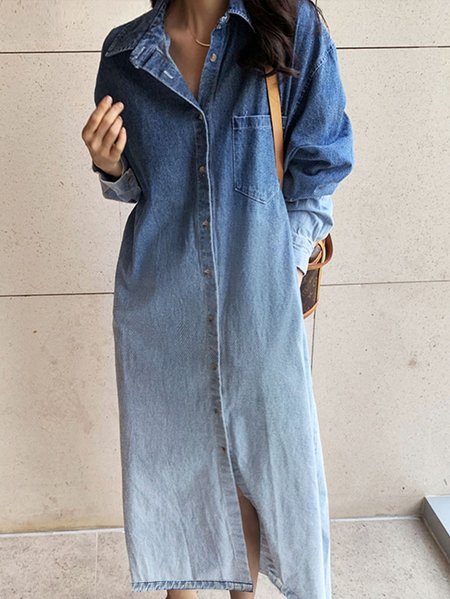

Long sleeve Casual Denim Ombre Loose Denim Dress, Blue, Maxi Dresses