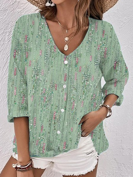 

Buttoned V Neck Casual Floral Blouse, Green, Shirts & Blouses