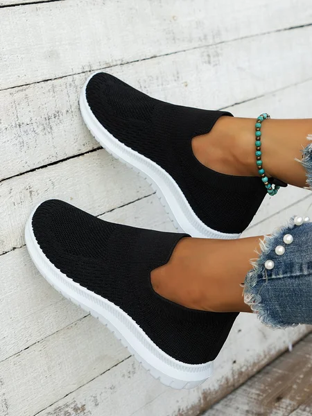 

Perspiration Breathable Shock Absorption Solid Color Flyknit Sneakers, Black, Sneakers