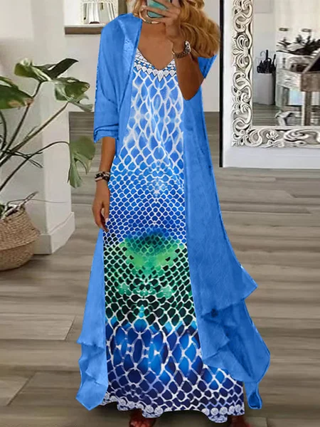 

Casual V Neck Abstract Two-Piece Set, Blue, Dresses