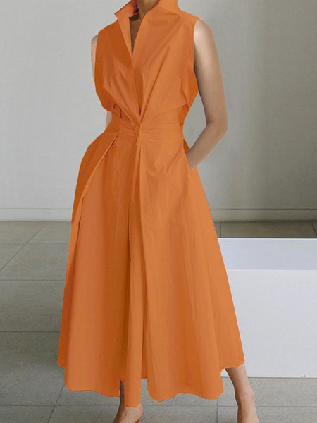 

Daily White Shirt Collar Urban Cotton Dress, Orange, Midi Dresses