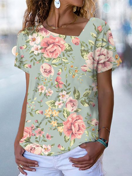 

V Neck Simple T-Shirt, Green, T-Shirts