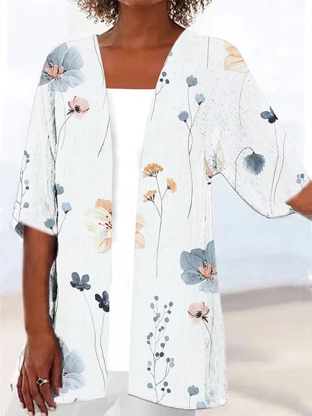 

Loose Floral Casual Cotton Kimono, White, Outerwear