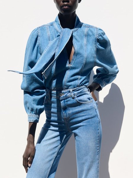 

Plain Urban Regular Fit Denim Blouse, Blue, Blouses and Shirts