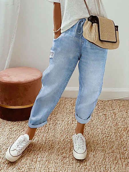 

Plus Size Loose Plain Casual Pants, Blue, Pants