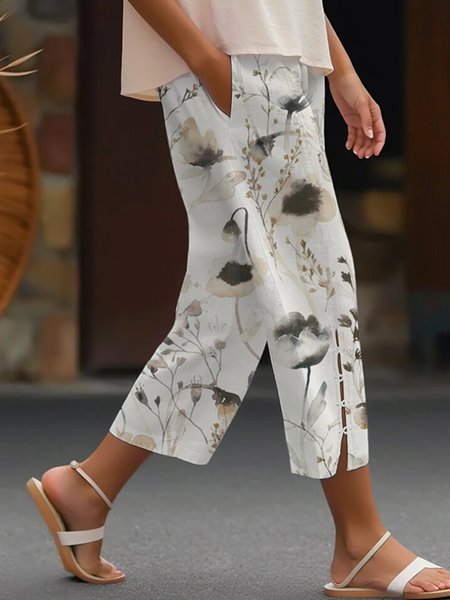 

Buckle Floral Casual Loose Pants, Light gray, Pants