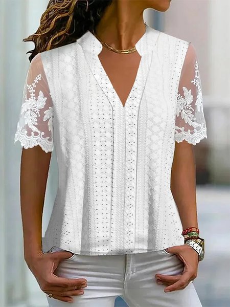 

Plain V Neck Casual Lace Shirt, White, Shirts & Blouses