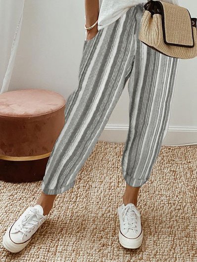 

Country Casual Cotton And Linen Striped Loose Pants, Gray, Pants