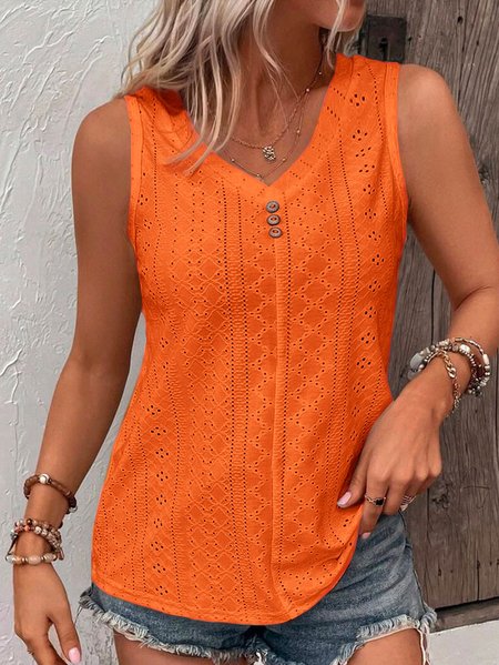 

Loose V Neck Casual Buttoned Eyelet Embroidery Front Tank Top, Orange red, Tanks & Camis