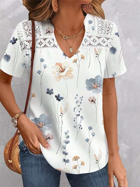 

Loose Floral Casual V Neck Shirt, White, Shirts & Blouses