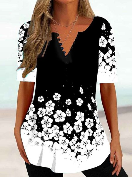 

Casual Loose V Neck Shirt, Black-white, Shirts & Blouses