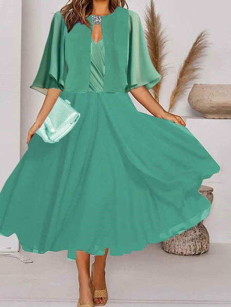 

Loose Plain Elegant V Neck Two-Piece Set, Green, Suit Set