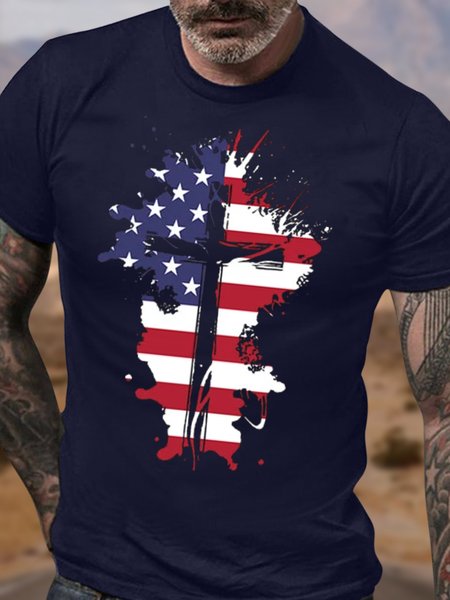 

Men's Funny Flag Religious Cross Graphic Printing Text Letters Casual Loose Cotton T-Shirt, Purplish blue, T-shirts