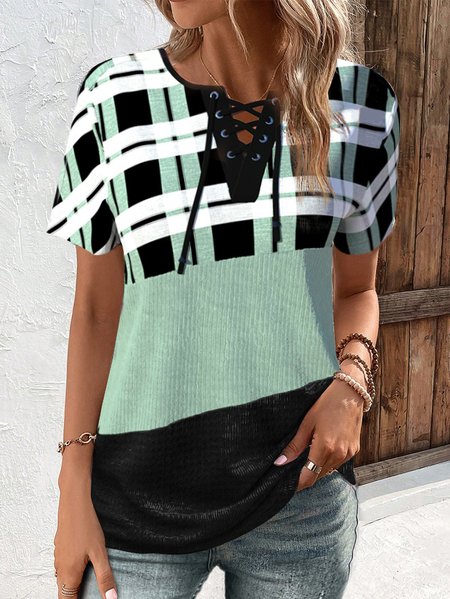 

Lace-Up Plaid Casual Loose Shirt, Green, Shirts & Blouses