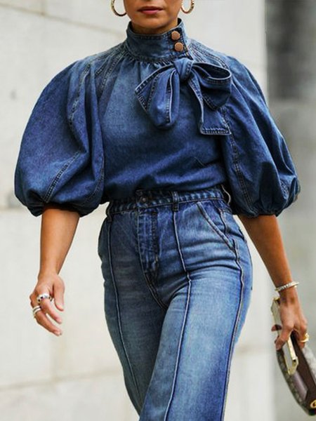 

Denim Blouse Casual Stand Collar Regular Fit Plain, Deep blue, Blouses and Shirts