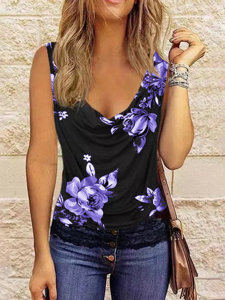 

Floral Regular Fit Simple Tank Top, Blue, Tanks & Camis
