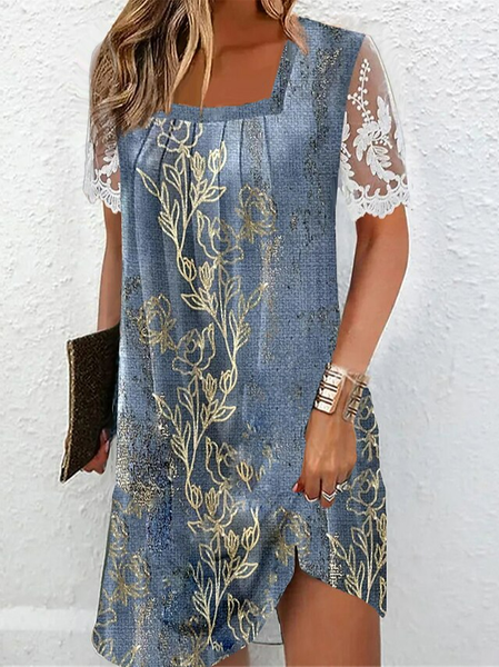

Floral Casual Square Neck Dress With No Belt, Blue, Dresses
