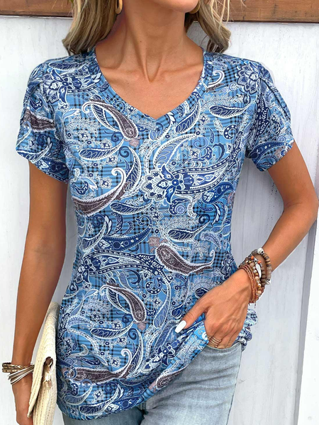 

Floral Casual V Neck Loose T-Shirt, Blue, T-Shirts