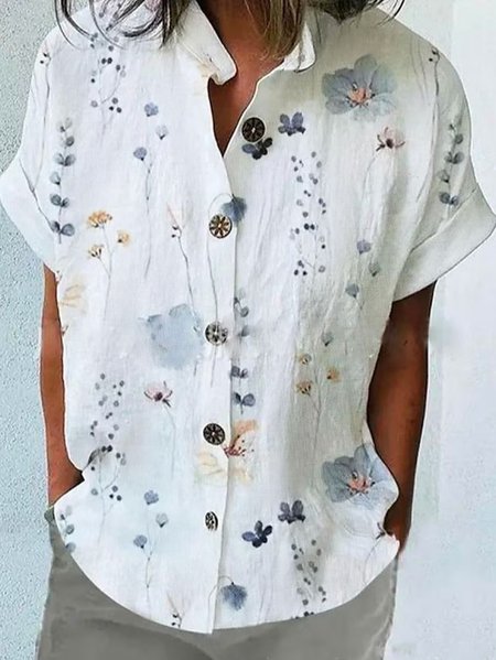 

Buttoned Floral Vacation Loose T-Shirt, White, Shirts & Blouses