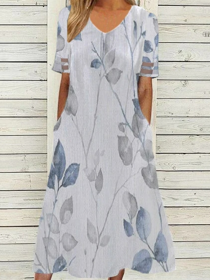 

Linen V Neck Floral Loose Dress With No Belt, Blue, Dresses