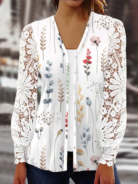 

Lace Knitted Loose V Neck Casual Kimono, White, Cardigans