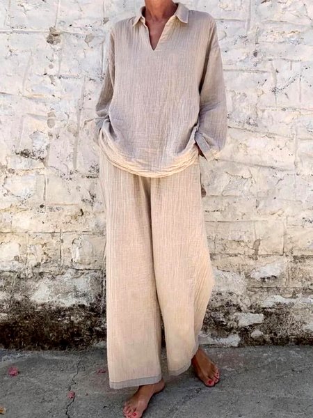 

Loose V Neck Casual Plain Two-Piece Set, Khaki, Suit Set