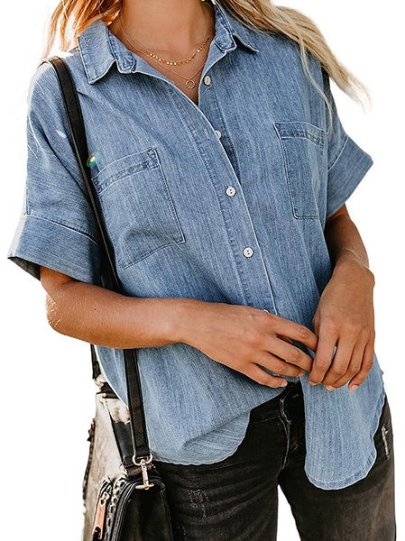 

Basic Denim Shirt Urban Casual Women's Clothing, Blue, Shirts & Blouses