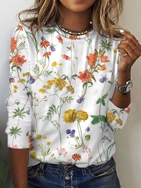 

Floral Loose Casual Crew Neck Long sleeve T-Shirt, White, T-Shirts