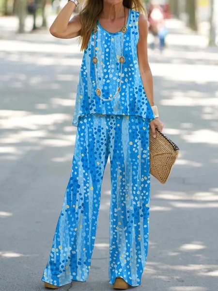 

Casual Polka Dots Loose Two-Piece Set, Blue, Suit Set