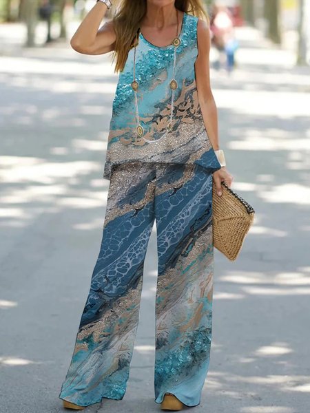 

Crew Neck Casual Loose Abstract Two-Piece Set, Blue, Suit Set
