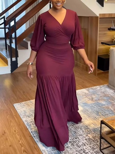 

Elegant V Neck Plain Regular Fit Dress, Wine red, Maxi Dresses