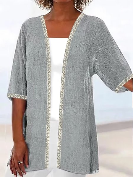 

Casual V Neck Plain Lace Loose Kimono, Gray, Cardigans