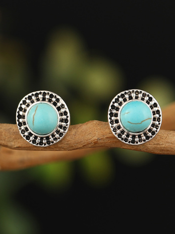 

Retro Casual Natural Turquoise Diamond Round Stud Earrings, As picture, Earrings