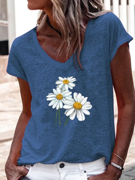 

Women's Flower Print Casual T-Shirt, Blue, T-shirts