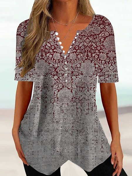 

V Neck Casual Loose Ethnic Shirt, Red, Shirts & Blouses