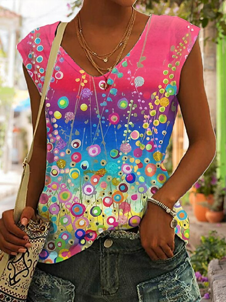 

Floral V Neck Casual Loose Tank Top, Red, Tanks & Camis