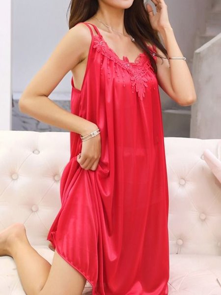 

Breathable Comfortable Silk Lace Sexy Camisole Nightdress, Red, Loungewear & Sleepwear