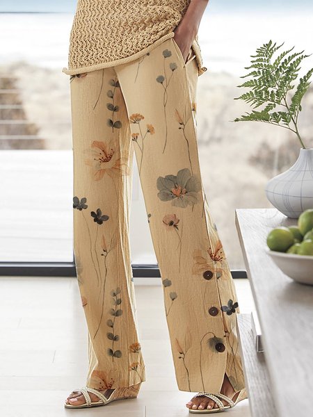 

Elegant Loose Floral Pants, Khaki, Pants