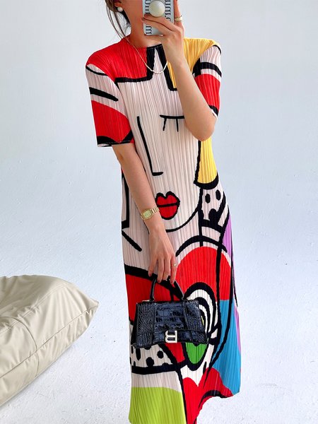 

Micro Pleat Abstract Crew Neck Regular Fit Urban Midi Dress With No Belt, As picture, Maxi Dresses