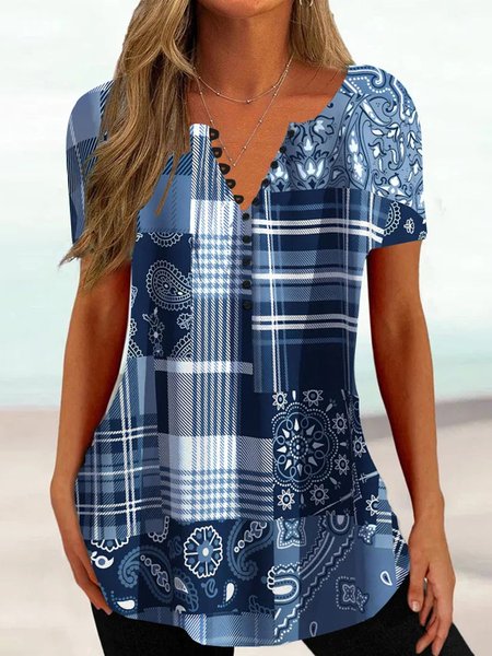 

Casual Loose Plaid V Neck Shirt, Blue, Shirts & Blouses